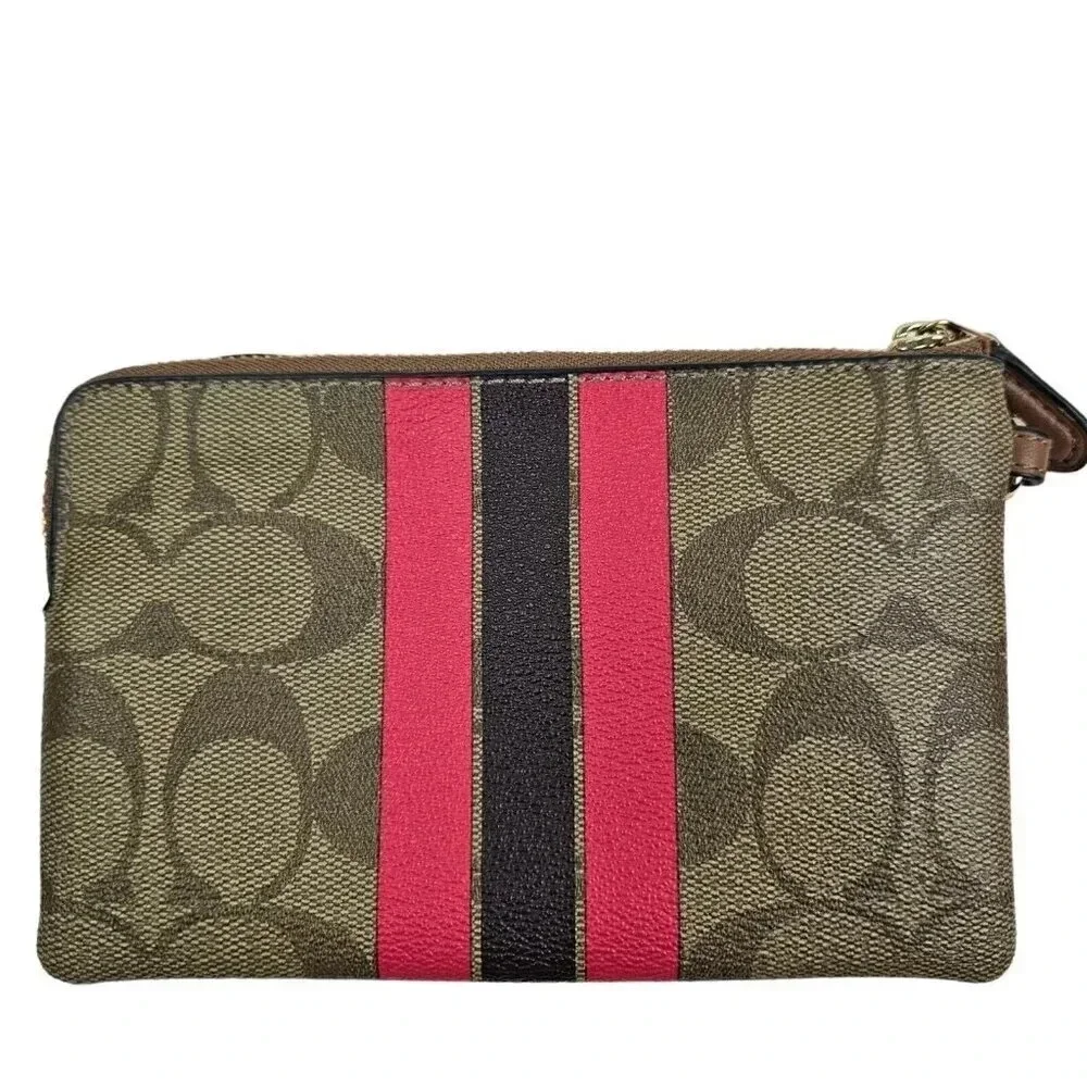 Coach Varsity Large Wristlet Khaki Pink‎ Ruby Stripe Signature C Canvas